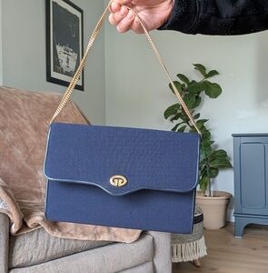 Vintage 1960s Gucci Navy Blue Envelope Clutch w/Gold Accents - Comes w/COA